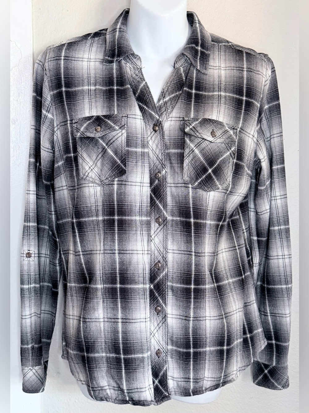 Bit & Brindle Gray Plaid Long Sleeve Button Shirt Women Small